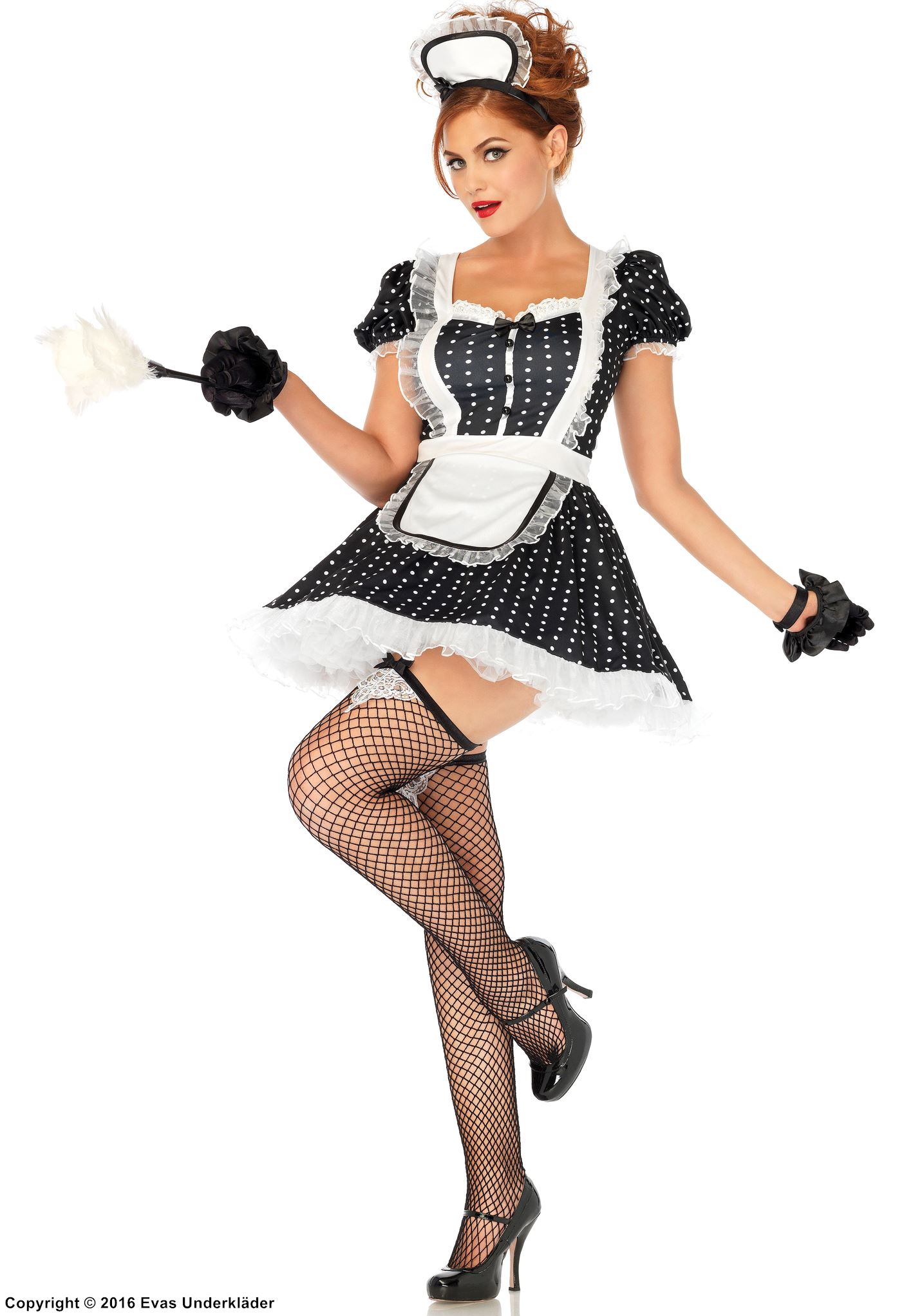 French-Maid-klänning, maskeraddräkt med huvudbonad